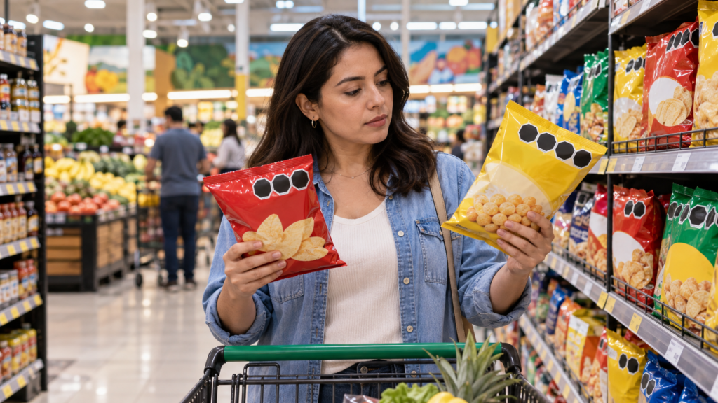 Sellos de advertencia nutrimental en un empaque, ilustración para leer etiquetas de alimentos